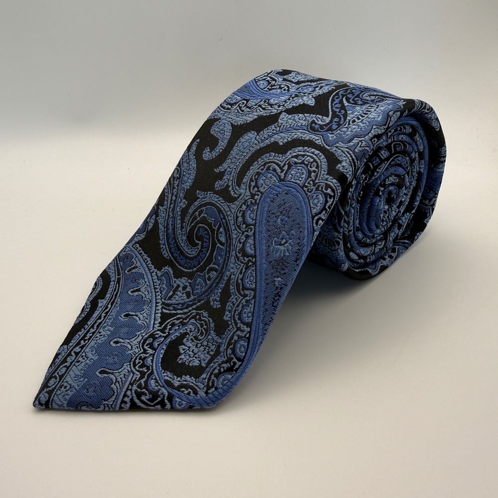Sean John Mens Silk Necktie Blue Black Paisley Jacquard‎ Wide Tie